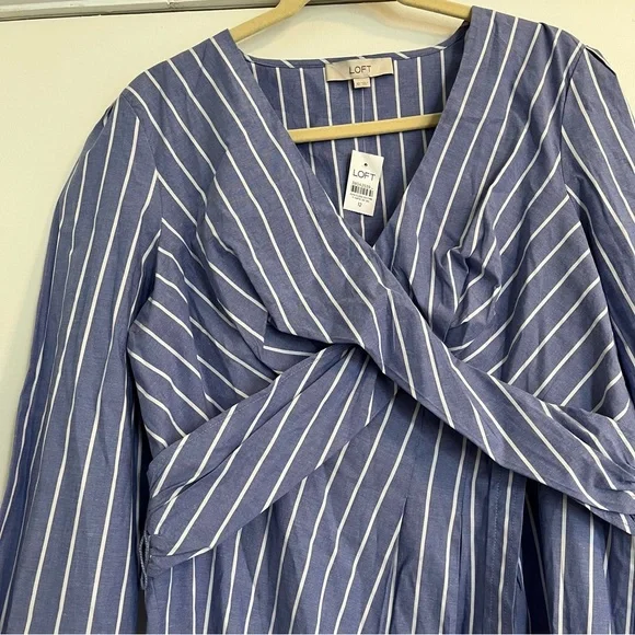 LOFT Blue and White Striped Long Sleeve Dress Twisted Midi NO BELT NWT size 12 - Picture 6 of 10